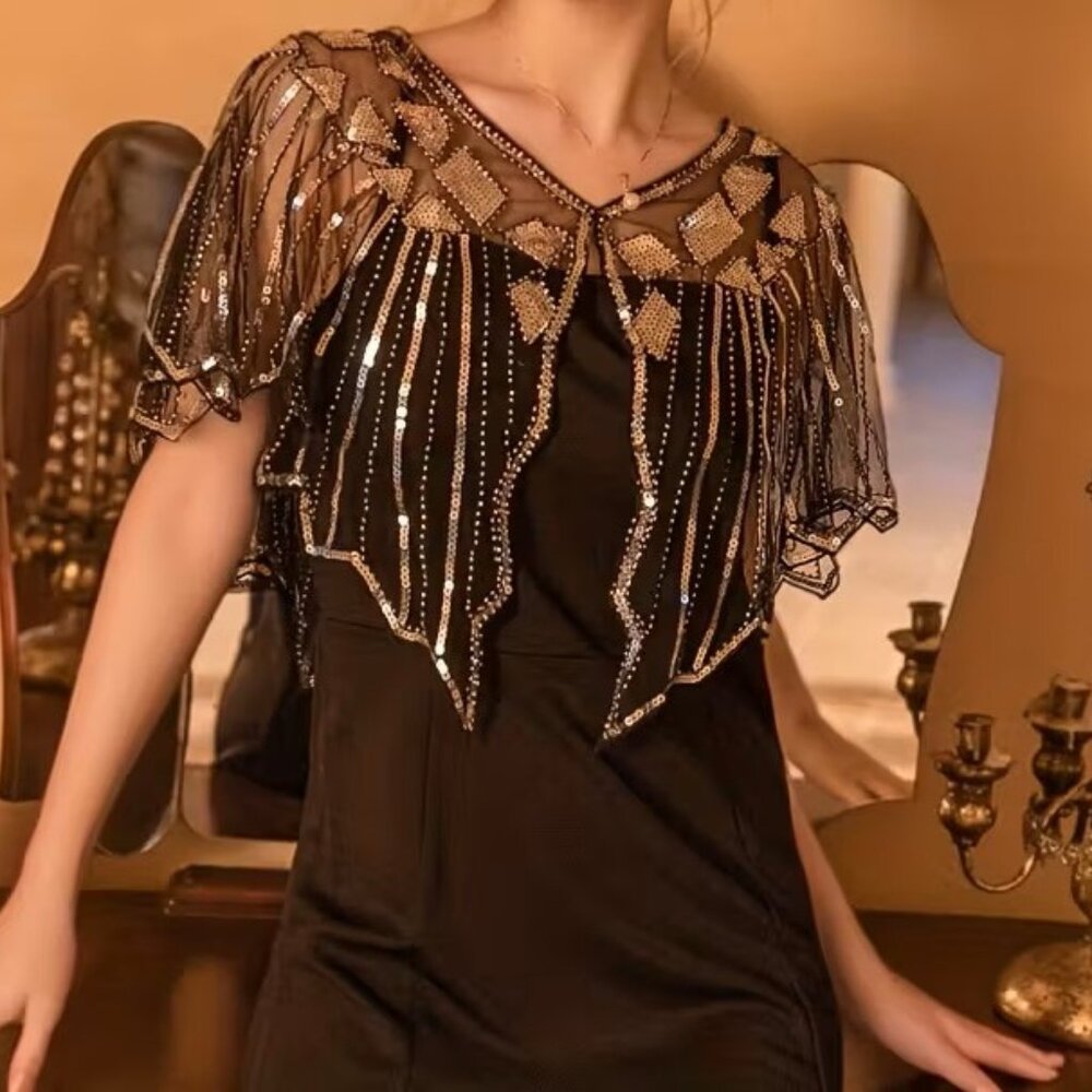 *SOLD* New Vintage 1920s Style Beaded Golden Sequin Shawl One Size L XL 1X 2X